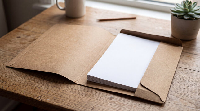 A minimalist workspace mockup featuring an open cardboard envelope with blank documents, a pencil, and a potted plant on a textured wooden table in natural light.