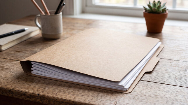 An open kraft paper folder with a stack of blank white sheets resting on a rustic wooden desk next to a coffee mug and a succulent.