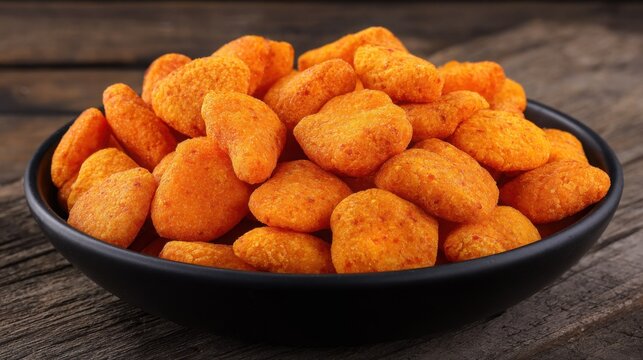 A Close-Up View of a Dark Bowl Filled with Irregularly Shaped Bright Orange Cheese Puffs