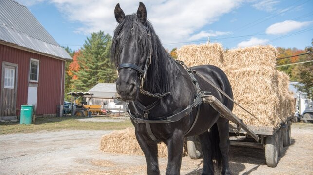 A strong black Percheron horse pulling a heavy cart laden with hay in a rural setting