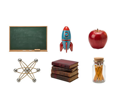 Collection of various school and science related objects isolated on transparent background