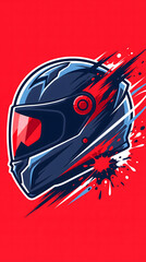 Fototapeta premium Stylized graphic illustration of a blue and red motorcycle helmet with dynamic paint splatters