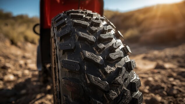 An intricate close-up of an ATV tire with deep, aggressive treads for optimal traction on rugged surfaces.