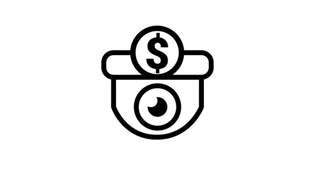 Animated Surveillance Payment Icon. Animated line icon featuring a CCTV camera lens topped with a dollar coin, representing commercial security and monitoring.