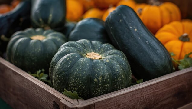 Close-up of dark green squashes and Black Kat F1 pumpkins with orange sides in a wooden box from an August harvest at a farmers market.