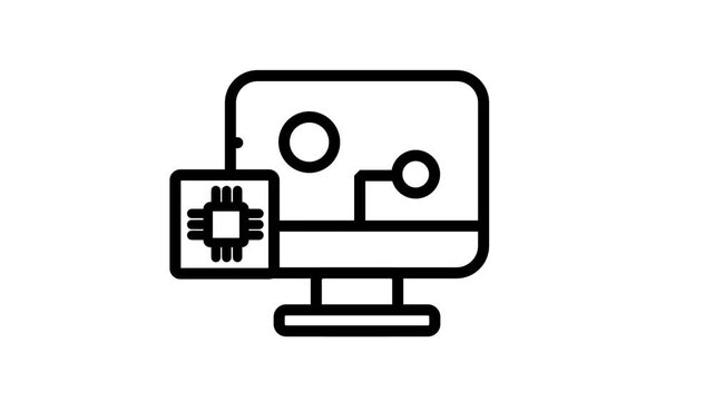 Animated System Processor Icon. Animated line icon featuring a computer monitor paired with a microchip processor, ideal for hardware and computing technology.