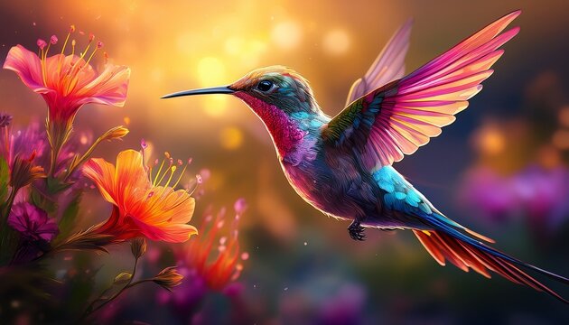 beautiful colourful hummingbird flies to the flower small colorful bird in flight digital art