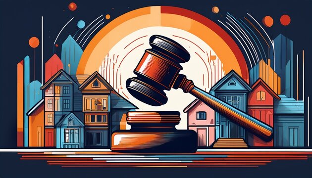an abstract depiction of a gavel and houses with bold lines and geometric shapes symbolizing law and property