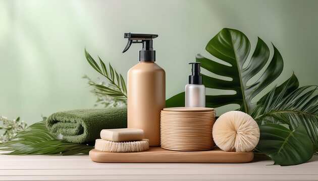 natural cleaning and beauty products with leaves