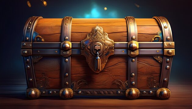 wooden treasure chest with metal bands and lock ideal for storing valuable items or as a decorative piece with a vintage look