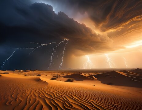 dramatic sand storm in desert thunderstorm lightning abstract background digital art