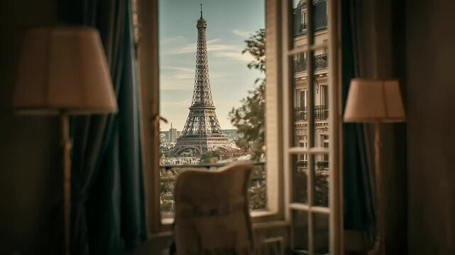 Paris, France, Europe. A window view of the Eiffel Tower in Paris, France, is captured from inside a room with a vintage aesthetic. The window reveals a panoramic view of a cityscape with buildings.