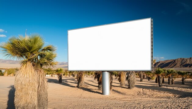 blank billboard mockup with palm trees in desert landscape
