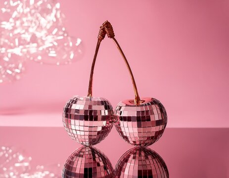 shiny disco cherry fruit minimal pink background creative pop art playful glamour reflective mirror berry