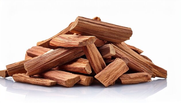 a pile of sandalwood wood pieces against a white background