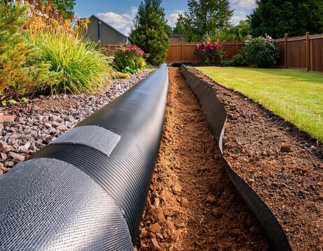 french drain installation featuring perforated pipe with gravel and landscape fabric in a garden trench