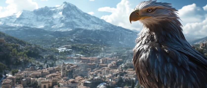 Majestic eagle perched overlooking a historic mountain village with snow capped peaks in the background