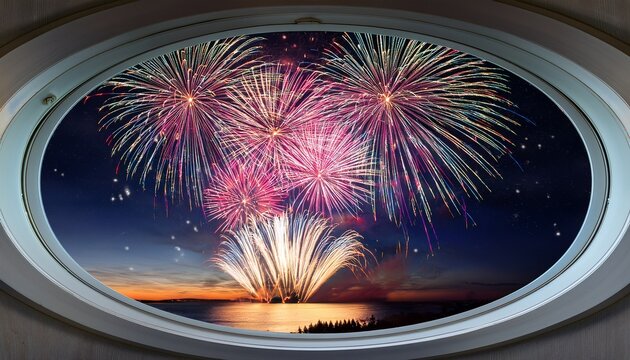 fireworks through rounded window