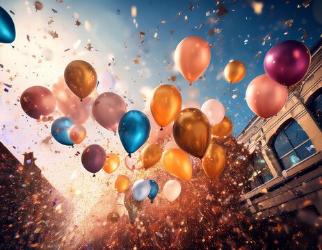 vibrant celebration scene with balloons and confetti filling the space