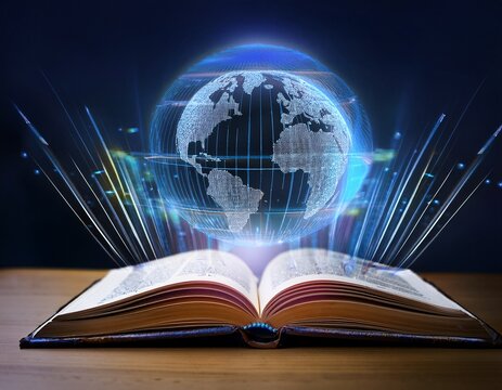 an open book with a holographic globe and digital light trails conveying the concept of global connectivity through technology