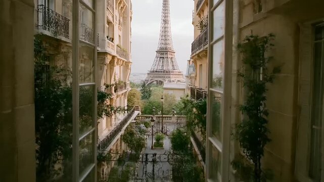 Paris, France, Europe. A panoramic view of the Eiffel Tower from a balcony of a Parisianstyle building. The building is adorned with ornate balconies, wrought iron railings, and decorative moldings.