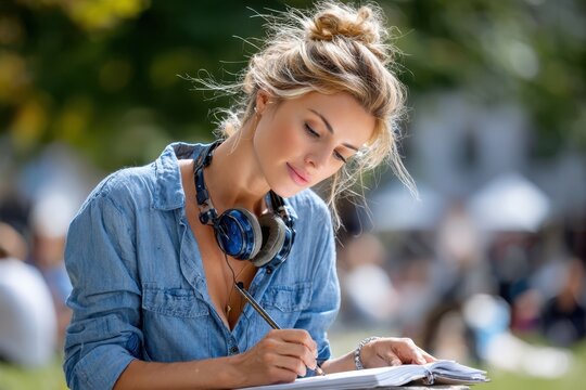 Young woman writes notes outdoors while wearing headphones on a sunny day