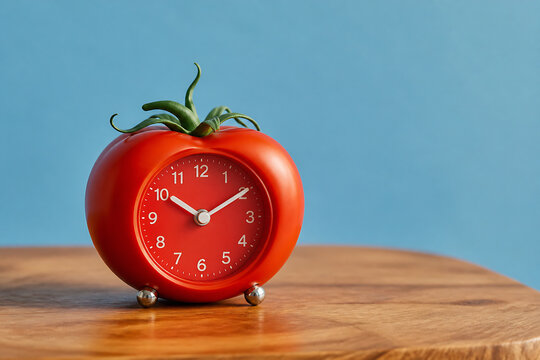 A small red tomato-shaped alarm clock sits on a wooden surface against a blue background.