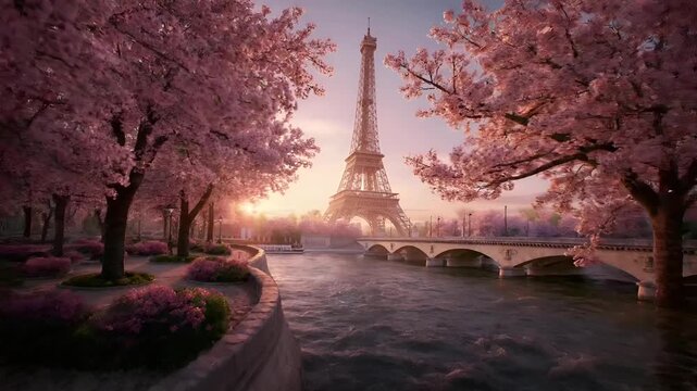 Paris, France, Europe. A vivid portrayal of the Eiffel Tower in Paris, France, bathed in the warm glow of the setting sun. The scene is set against a backdrop of cherry blossom trees in full bloom.