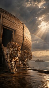 Two leopards walking down the ramp of Noahs ark. Biblical story of the great flood with animals leaving the wooden ship. Religious concept of salvation, nature, and divine promise.
