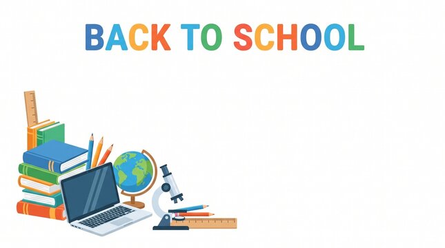 Back to school education concept with stacked books laptop globe and microscope