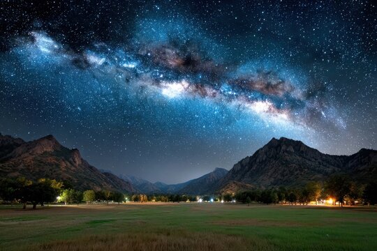 Starry Night Sky over a Mountain Valley
