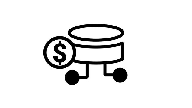 Animated Financial Database Icon. Animated line icon of a database server connected to a dollar sign coin, representing secure financial data storage.