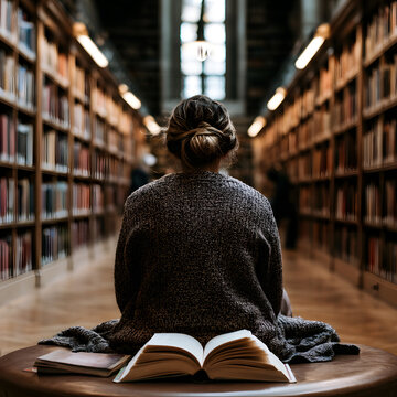 Peaceful Library Interior with Student Reading and Studying Alone