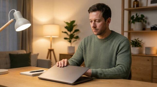 Man closing laptop computer at wooden desk under lamp representing work life balance