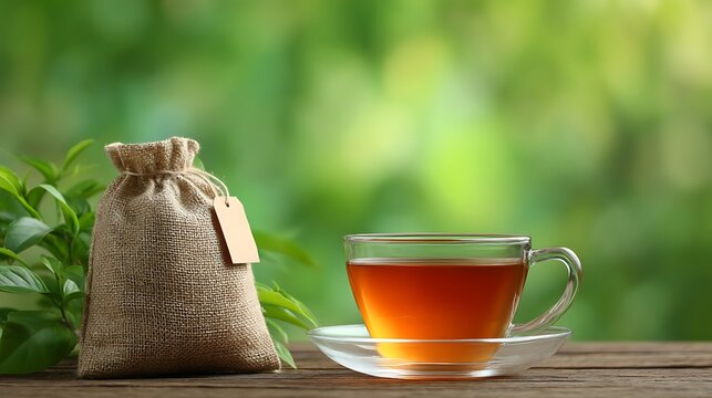 A glass cup of tea and a burlap tea bag on a wooden table outdoors