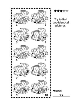 Find two identical pictures with cups and candy visual puzzle. Answer included.
