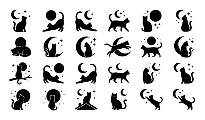 Fototapeta premium Cat and moon silhouette vector set with mystical black cats crescent and full moon shapes collection