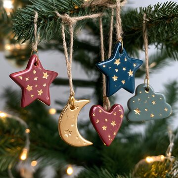 AI generator images of ceramic ornaments with gold details in the shapes of stars, moons, hearts, clouds, lightweight to decorate a modern, elegant Christmas tree in ceramic with a modern and elegant 