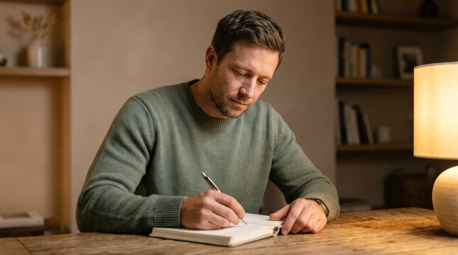 Focused man writing in paper journal at wooden table under warm desk lamp