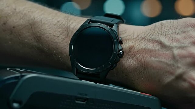 Person making contactless payment successfully with smart watch on terminal