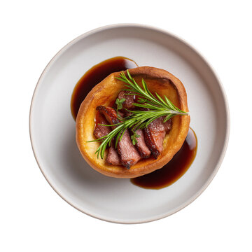 Mini yorkshire pudding beef canapes isolated on transparent background. Dish on the plate for menu, cafe, design.
