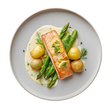 Roasted salmon fillet with asparagus, potatoes and sauce isolated on transparent background. Dish on the plate for menu, cafe, design.
