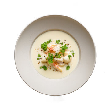 Traditional Scottish cullen skink soup with smoked haddock and potatoes isolated on transparent background. Dish on the plate for menu, cafe, design.
