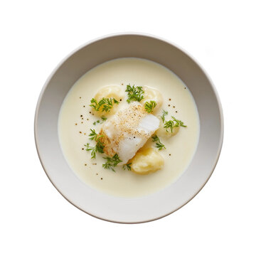 Cullen skink is a thick soup made of smoked haddock, potatoes, and onions isolated on transparent background. Dish on the plate for menu, cafe, design.

