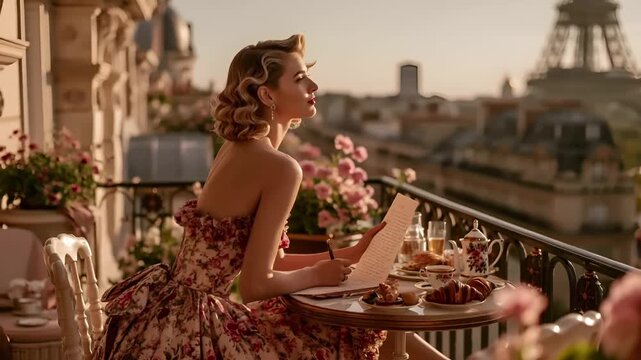 Paris, France, Europe. A vivid portrayal of a woman seated at a balcony overlooking the Eiffel Tower in Paris, France. She wears a voluminous.