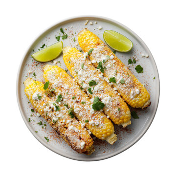 Grilled corn. Traditional grilled elote with cotija cheese, Mexican crema, chili and lime isolated on transparent background. Dish on the plate for menu, cafe, design.
