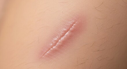 Fototapeta premium Close up view showing a linear surgical scar on human skin surface texture detail