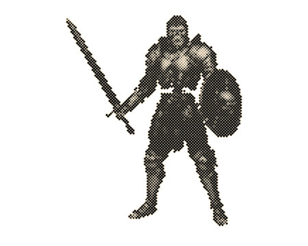 Medieval knight warrior holding sword and shield ready for battle. Vintage retro halftone vector illustration of armored fighter with circle dots p...