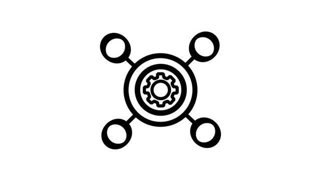 Animated Gear Network Icon. Animated line icon showing a central gear connected to multiple nodes, representing system integration, management, and workflow automation.