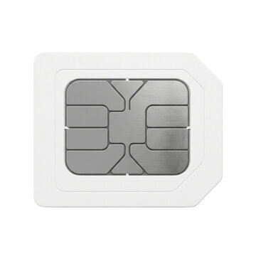 Close-up of a blank white SIM card with metallic contacts on a white background